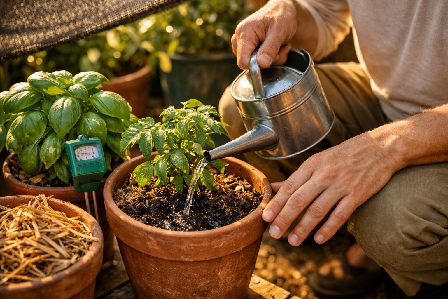 Pessoa regando vaso de barro num jardim, ao lado de um manómetro.