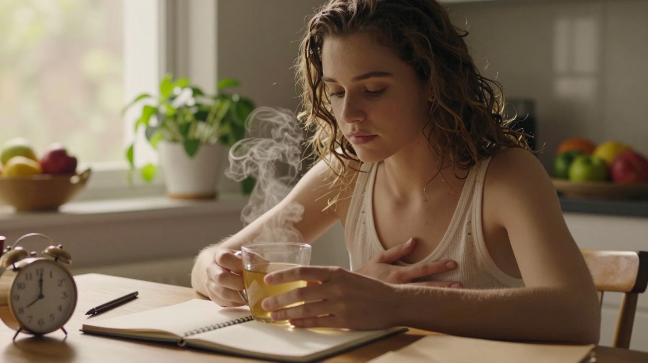 Mulher a segurar uma chávena de chá quente junto a um caderno numa mesa de cozinha, com uma planta ao fundo.