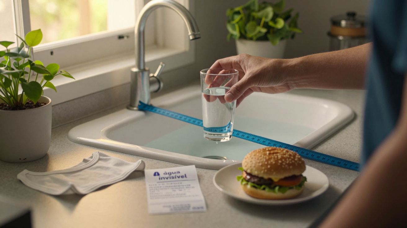 Mão segurando um copo de água na cozinha, com um hambúrguer ao lado e plantas ao fundo.