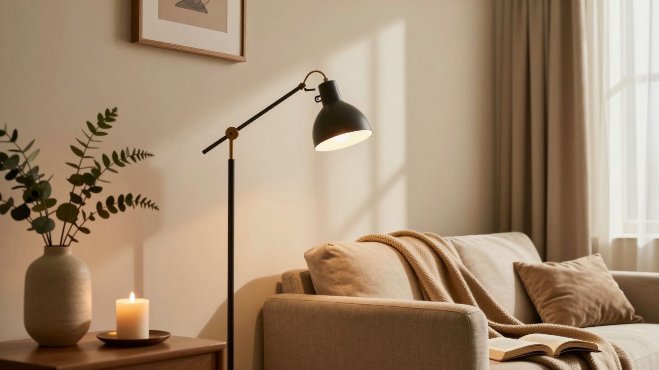 Sala acolhedora com sofá bege, almofadas, manta, candeeiro e vela acesa sobre mesa de madeira.