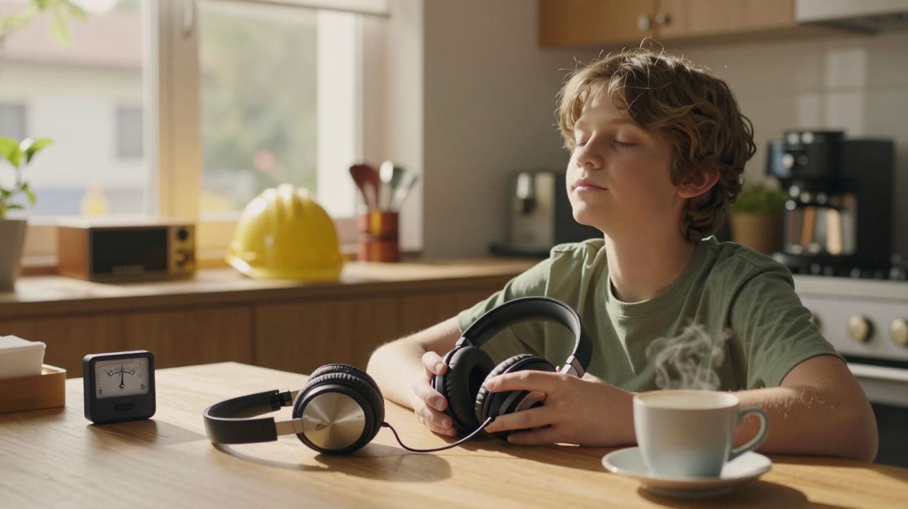 Rapaz com fones de ouvido sentado à mesa, olhos fechados, café a fumegar à frente e relógio ao lado.