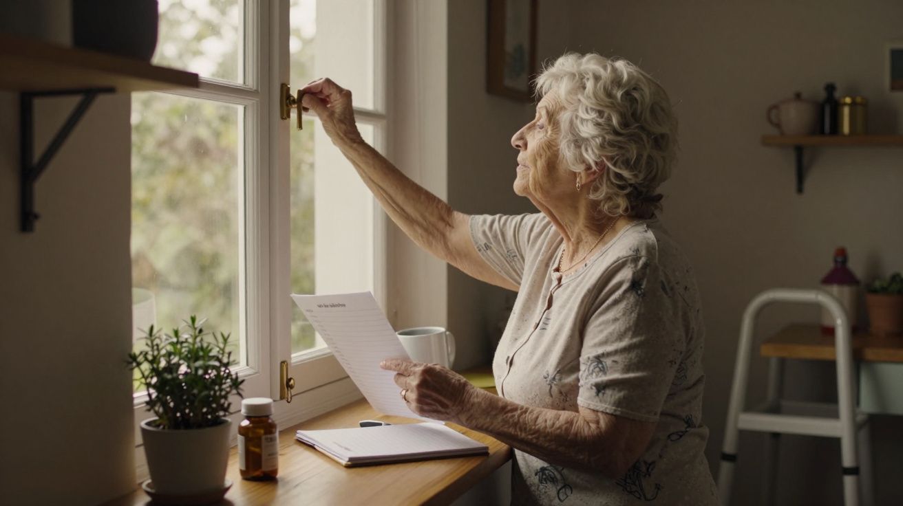 Idosa abre janela numa cozinha, segurando uma carta. Na mesa, plantas, caneca e frascos de remédios.