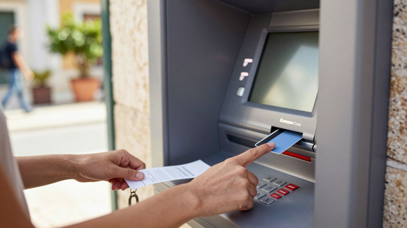 Pessoa usa multibanco, insere cartão na máquina e segura talão, imagem ao ar livre.