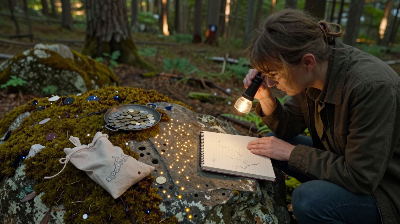 Mulher examina mapa em rocha coberta de musgo, moedas e luzes, usando lanterna numa floresta.