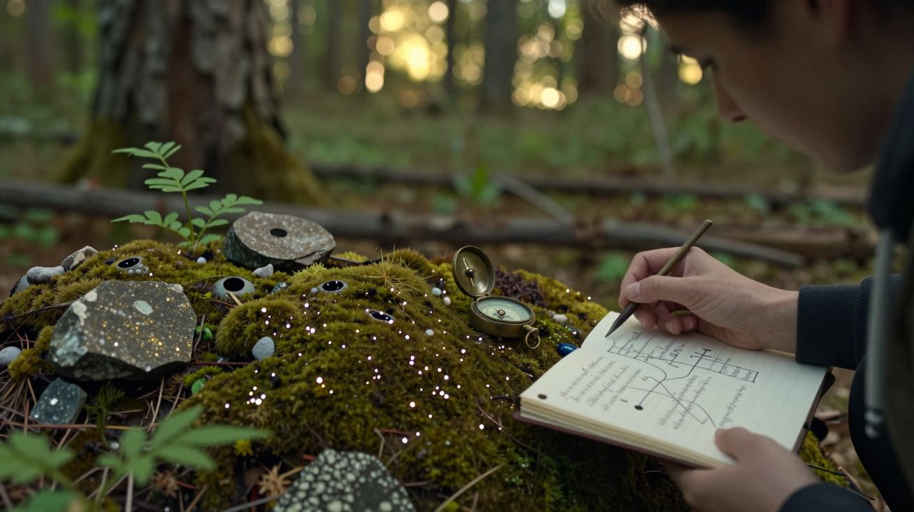 Pessoa escreve em caderno enquanto observa um musgo com objetos e uma bússola no chão da floresta.