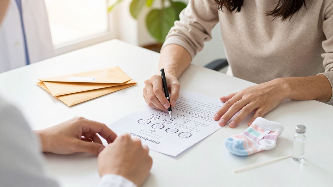 Mãos sobre mesa assinando documento com frascos pequenos e meias de bebé, envelopes ao fundo.