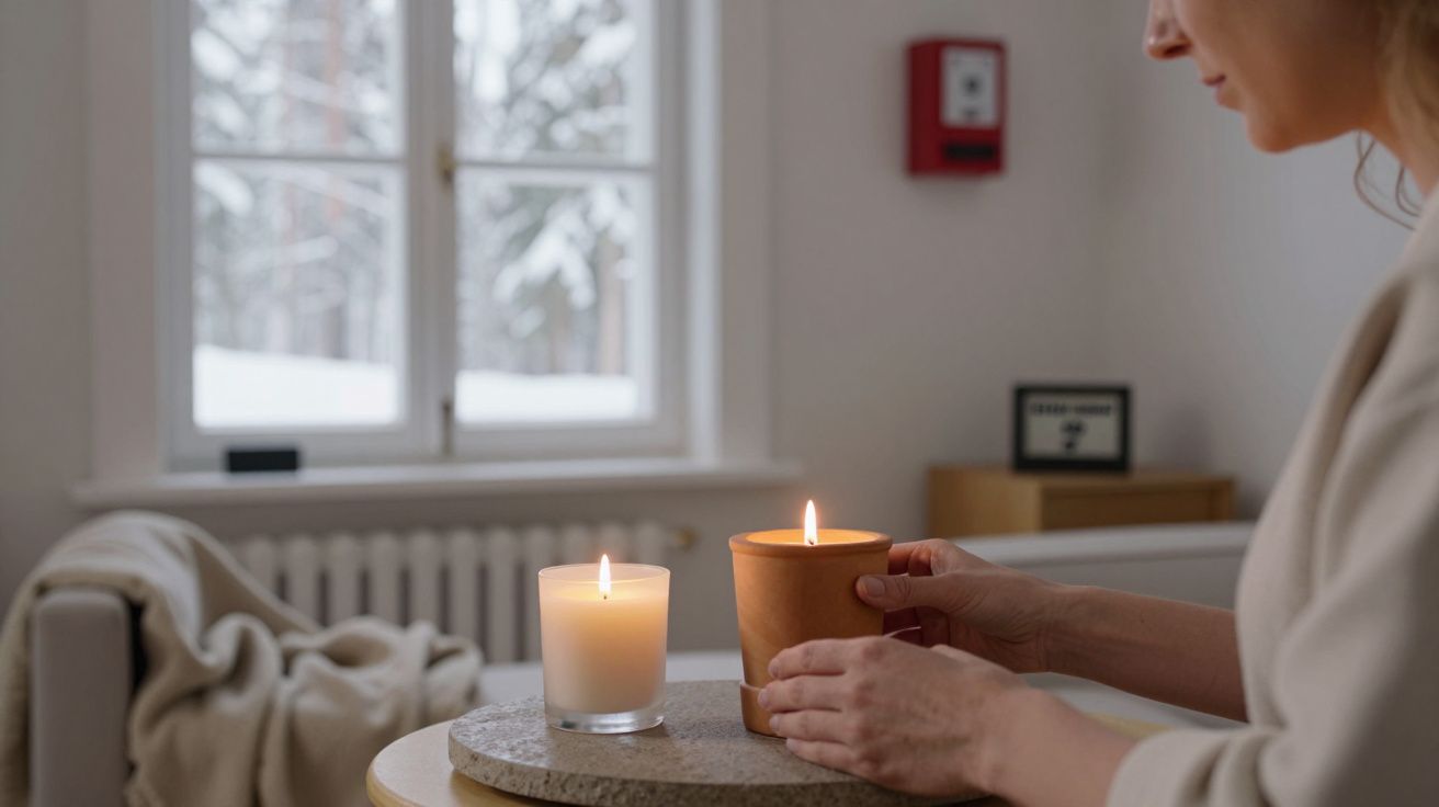 Mulher acende velas em casa aconchegante, com janela a mostrar neve lá fora.