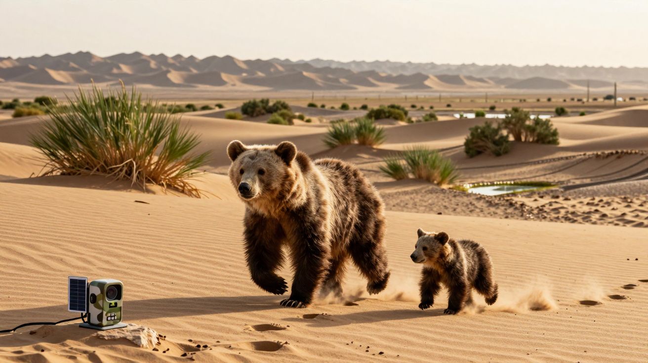 Urso adulto e filhote a correrem no deserto ao lado de um dispositivo com painel solar.