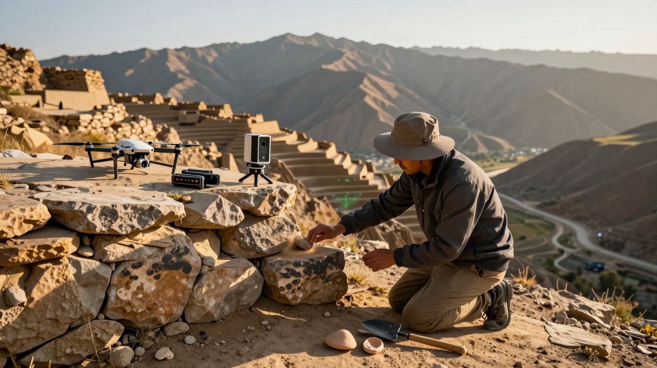 Pessoa usando equipamento arqueológico ao ar livre num ambiente montanhoso, com drone e câmaras sobre pedras.
