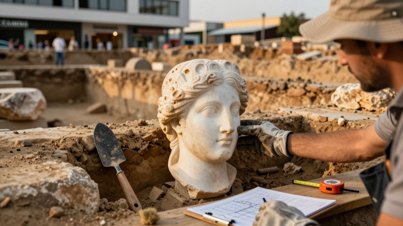 Arqueólogo examina uma cabeça de mármore antiga num sítio de escavação, com ferramentas e papéis ao lado.