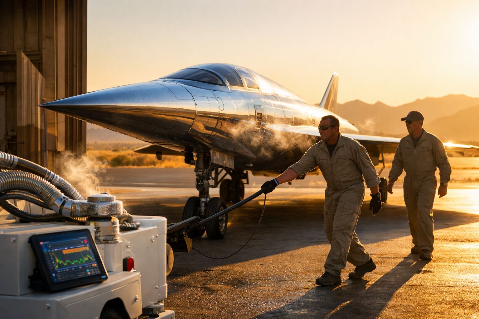 Avião futurista branco em hangar com objetos técnicos ao lado, sob luz natural.