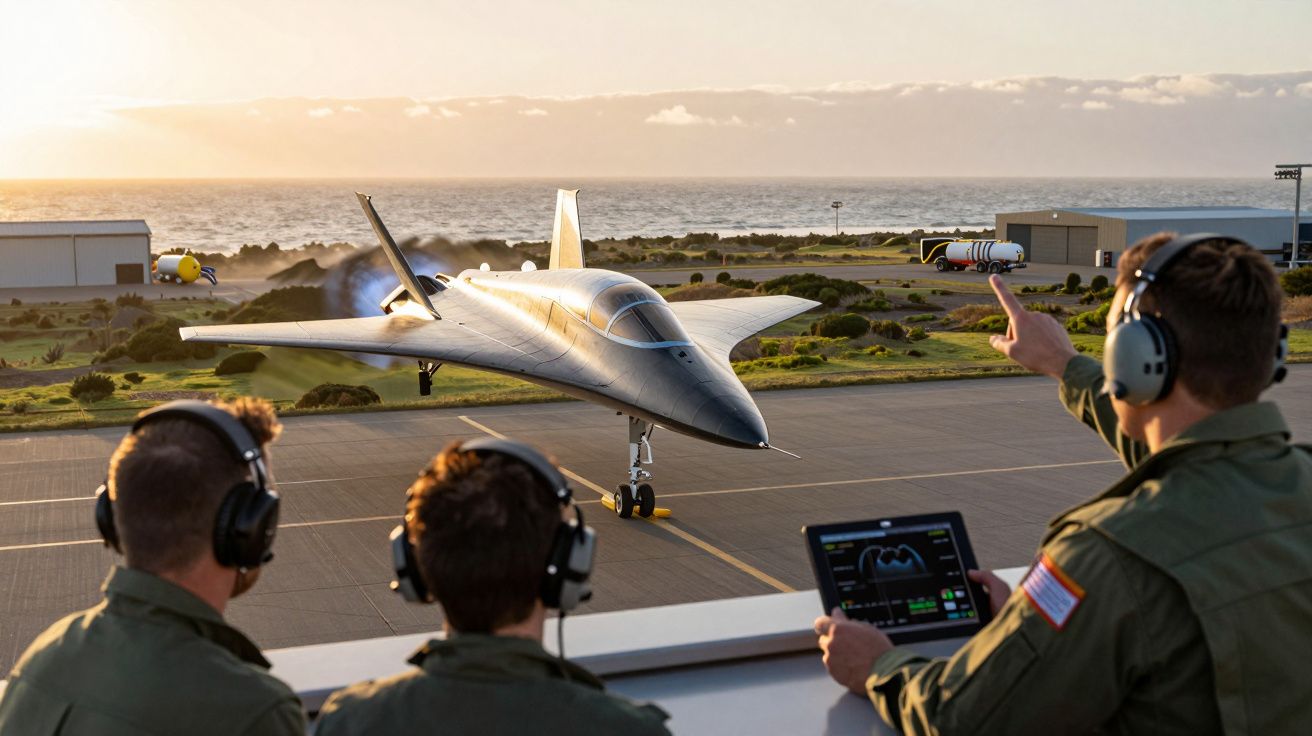 Três pessoas com auscultadores observam um avião futurista numa pista ao pôr do sol, junto ao mar.