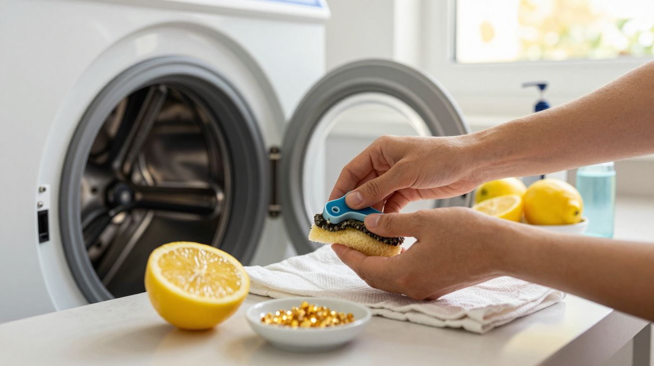 Mãos limpando uma máquina de lavar roupa com uma escova e limões ao lado.