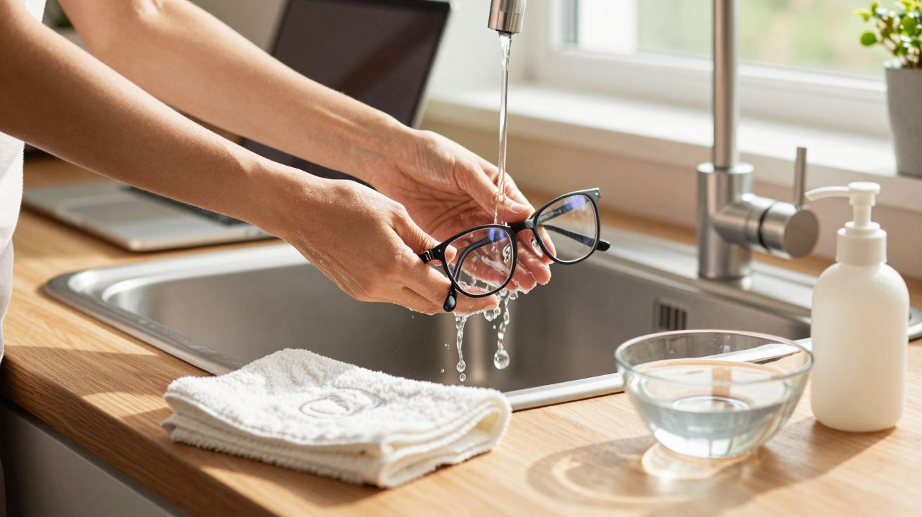 Mãos a lavar óculos debaixo de água corrente na cozinha, com toalha e sabonete ao lado da banca.