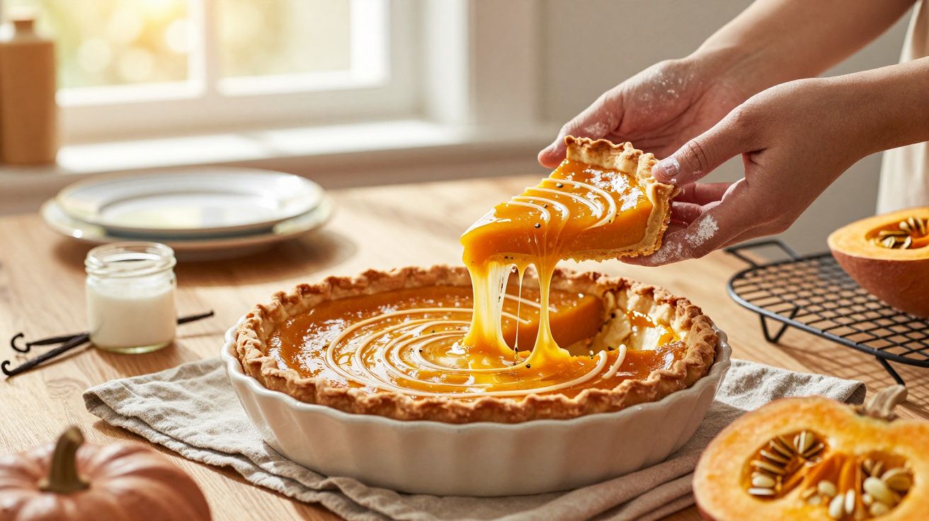 Mãos levantando uma fatia de tarte de abóbora cremosa, sobre uma mesa de madeira com ingredientes ao redor.