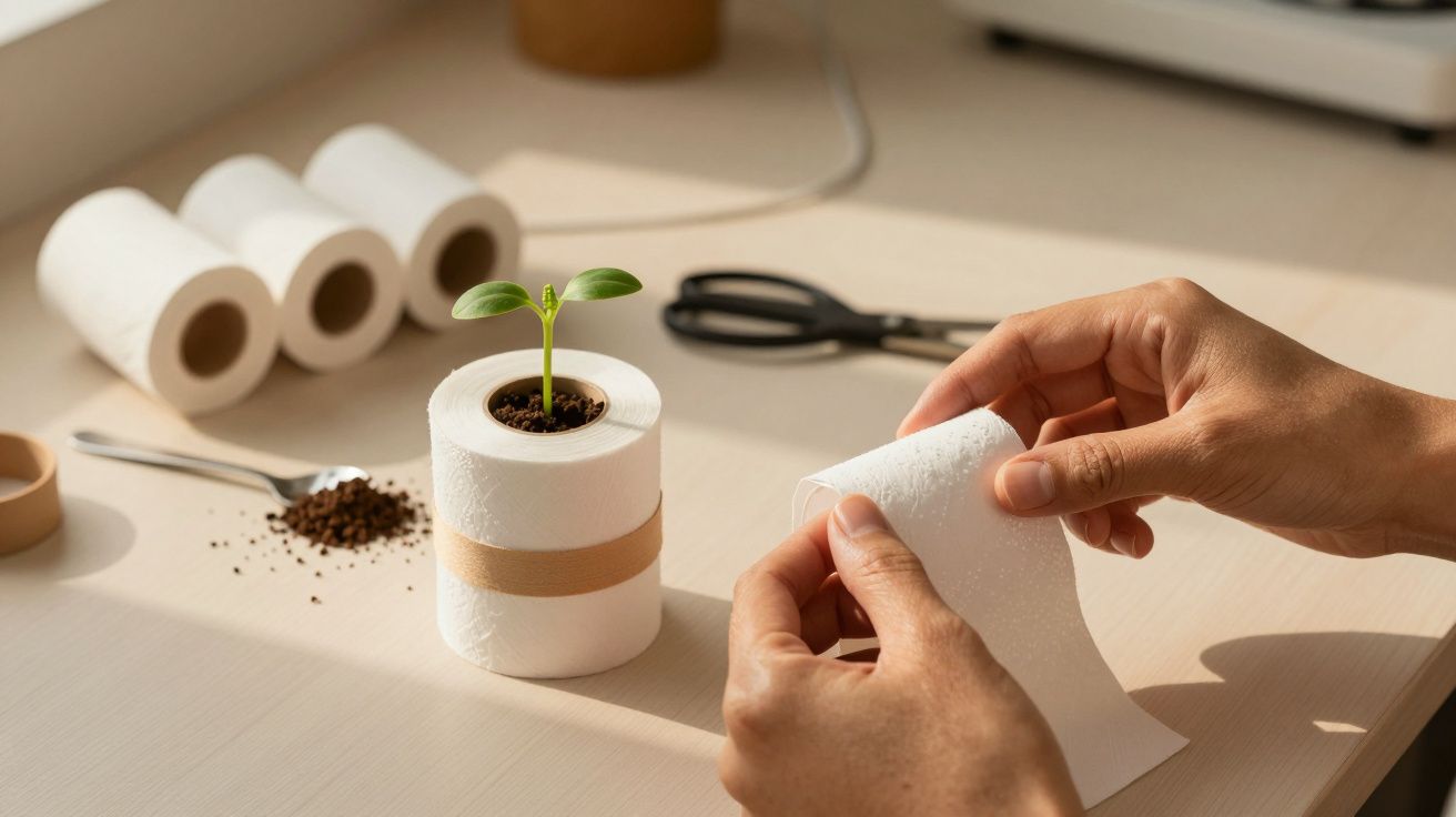 Mãos seguram papel higiénico enquanto uma planta cresce dentro de um rolo. Em segundo plano, tesoura e utensílios.