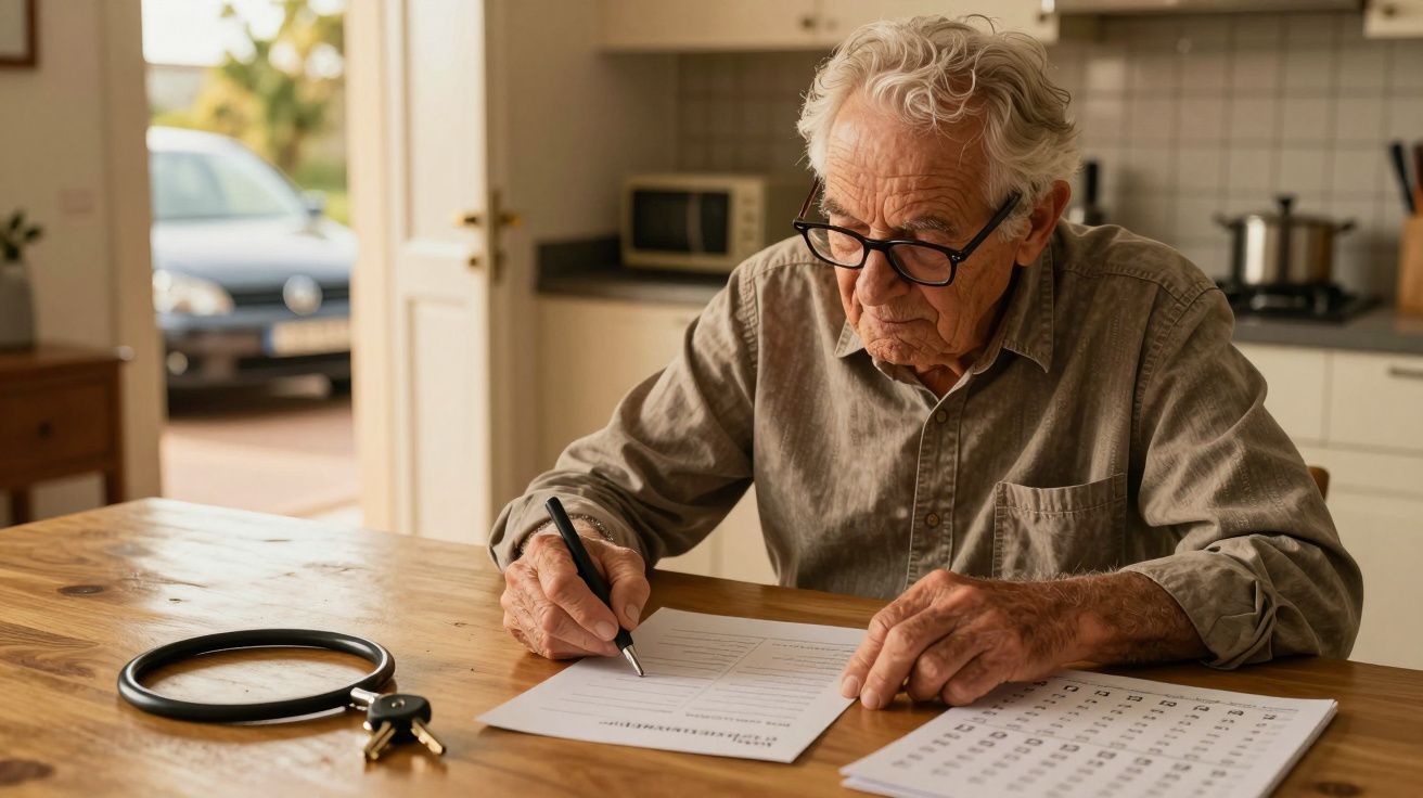 Senhor idoso com óculos faz palavras cruzadas numa mesa de madeira na cozinha.