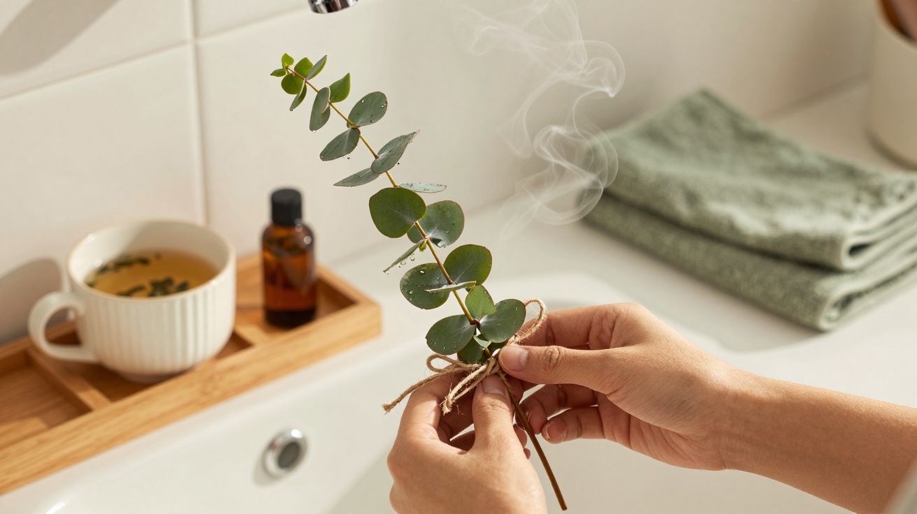Mãos seguram ramo de eucalipto perto de vapor, com toalha verde, chá e óleo essencial ao fundo na casa de banho.