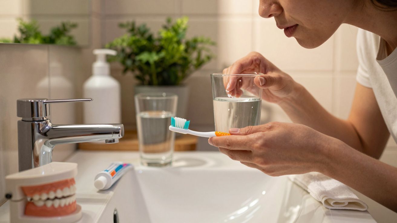 Mulher prestes a escovar os dentes, segurando um copo de água, com pia, escova, pasta e prótese dentária ao redor.