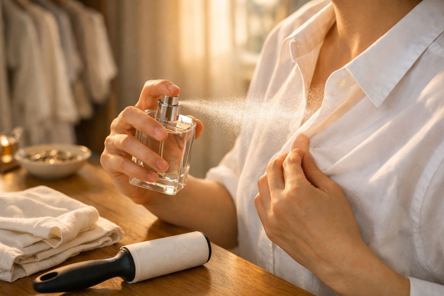 Pessoa a borrifar perfume numa camisa branca pendurada num cabide.
