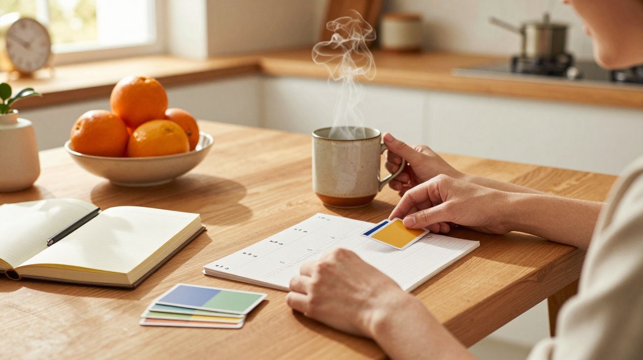 Pessoa planeia agenda com chá e tigela de laranjas na mesa de madeira.