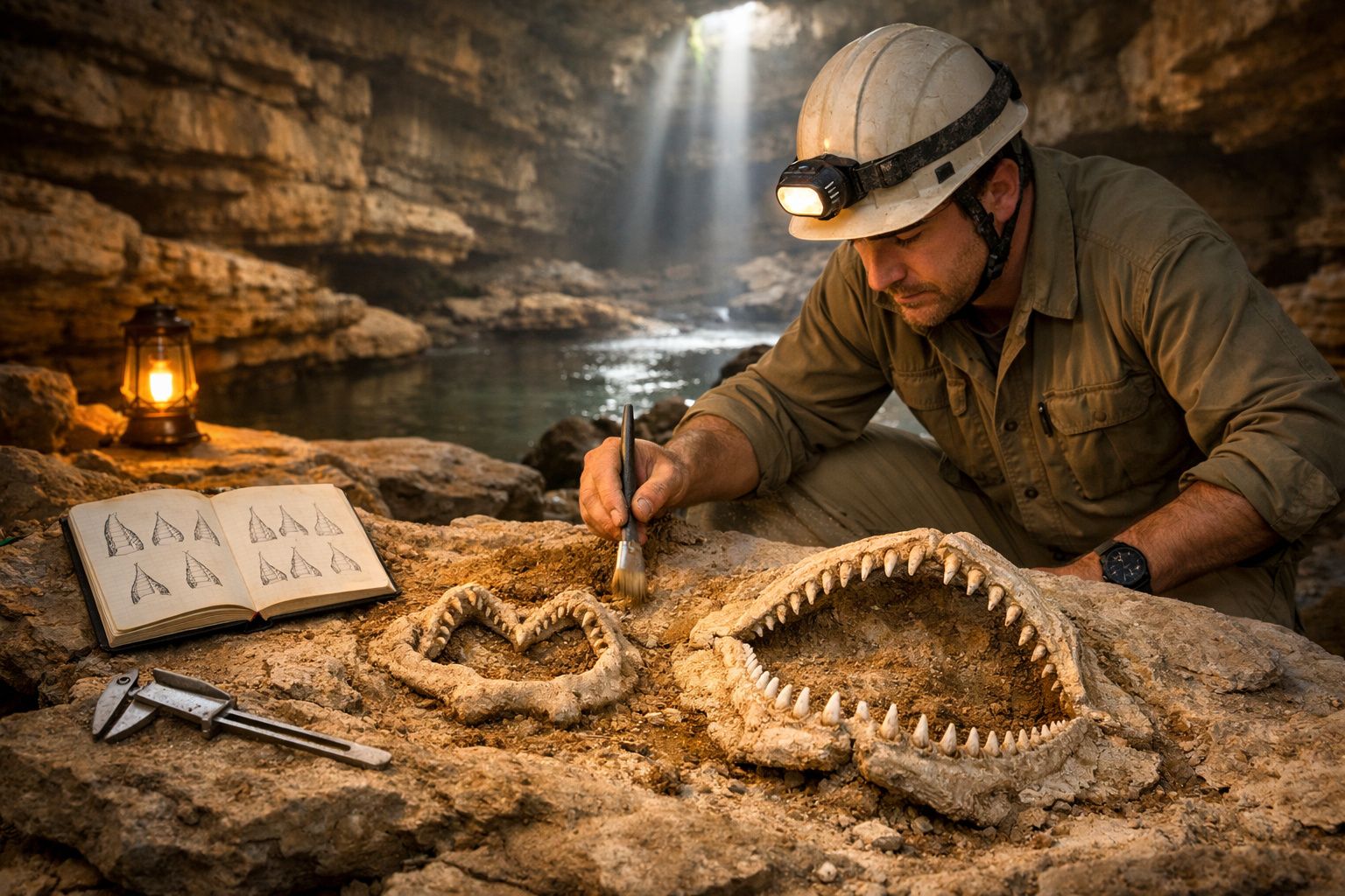 Arqueóloga examina ossos numa caverna iluminada por uma lanterna. Caderno aberto ao lado.