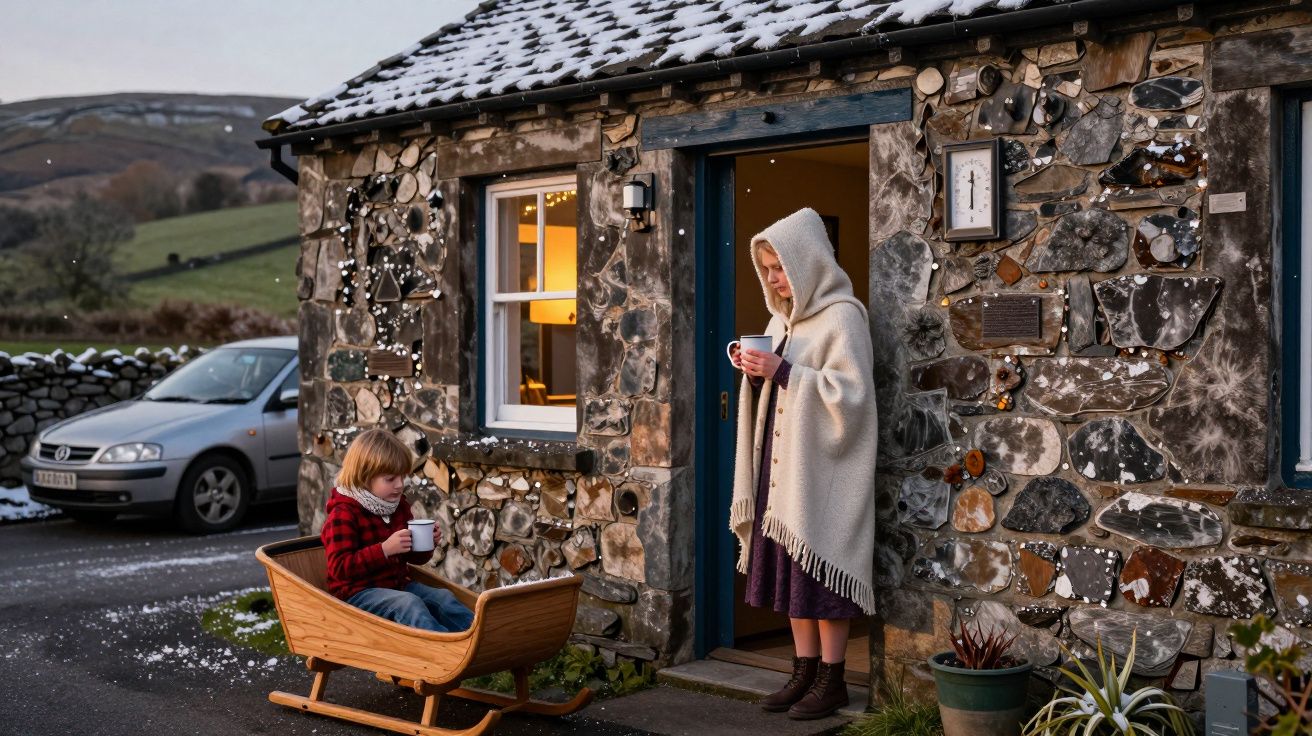 Mulher e criança bebem chá junto a casa de pedra com neve no telhado, carro ao fundo.
