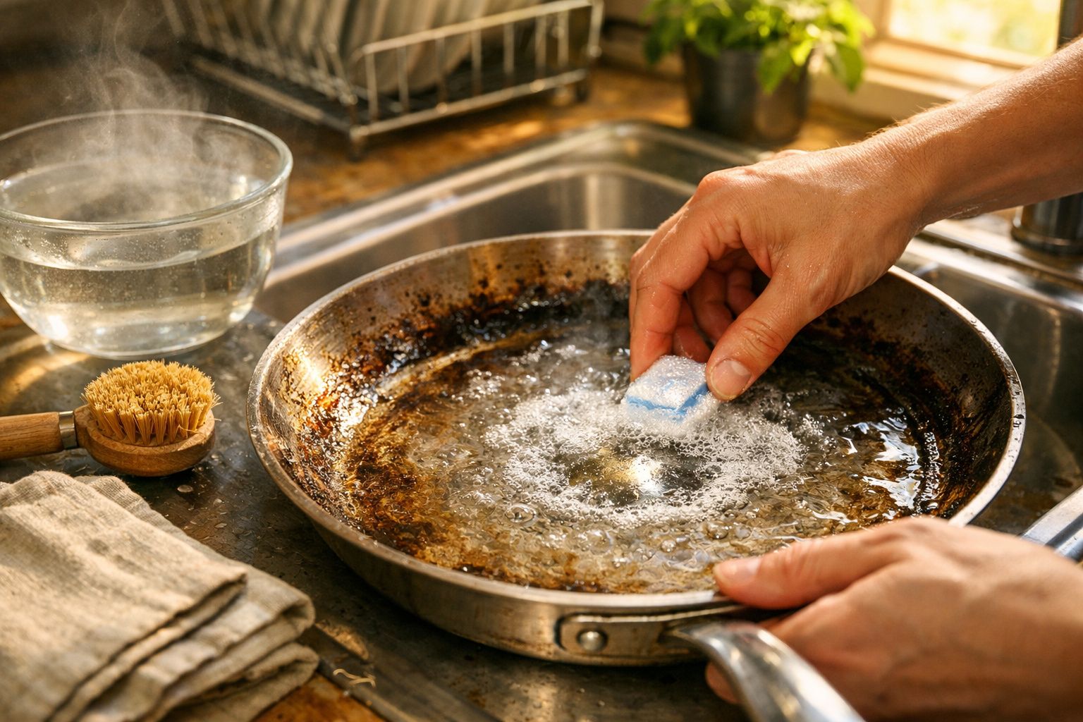 Mãos limpam uma frigideira com uma esponja amarela junto a uma pia de cozinha, com uma planta ao fundo.