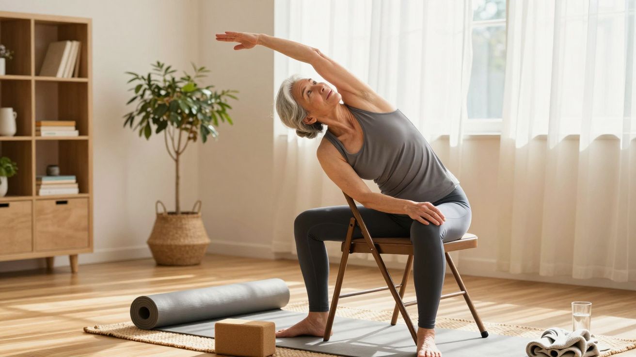 Mulher idosa a fazer alongamentos sentada numa cadeira numa sala iluminada pelo sol, com acessórios de ioga no chão.