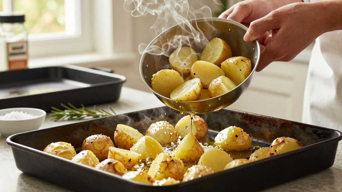 Mãos a colocar batatas assadas num tabuleiro preto, com azeite e especiarias, na cozinha.