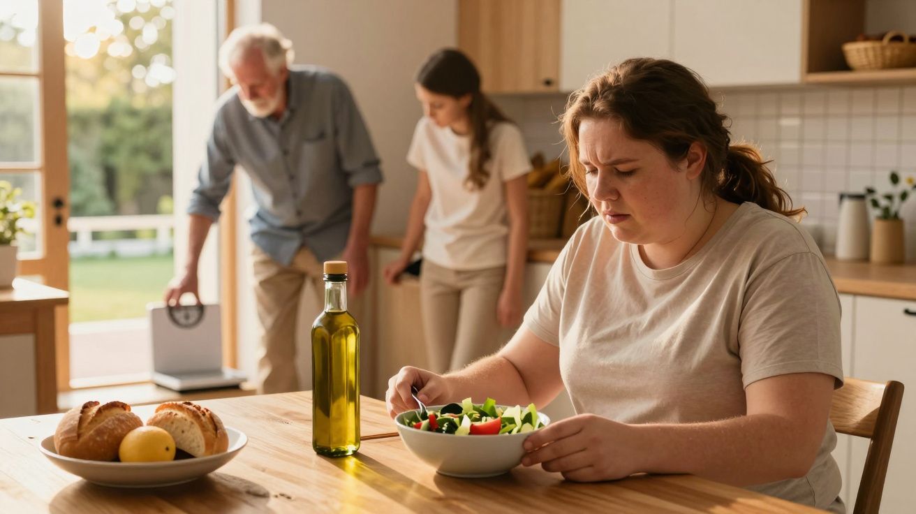 Mulher a comer salada na cozinha; homem idoso e jovem ao fundo.