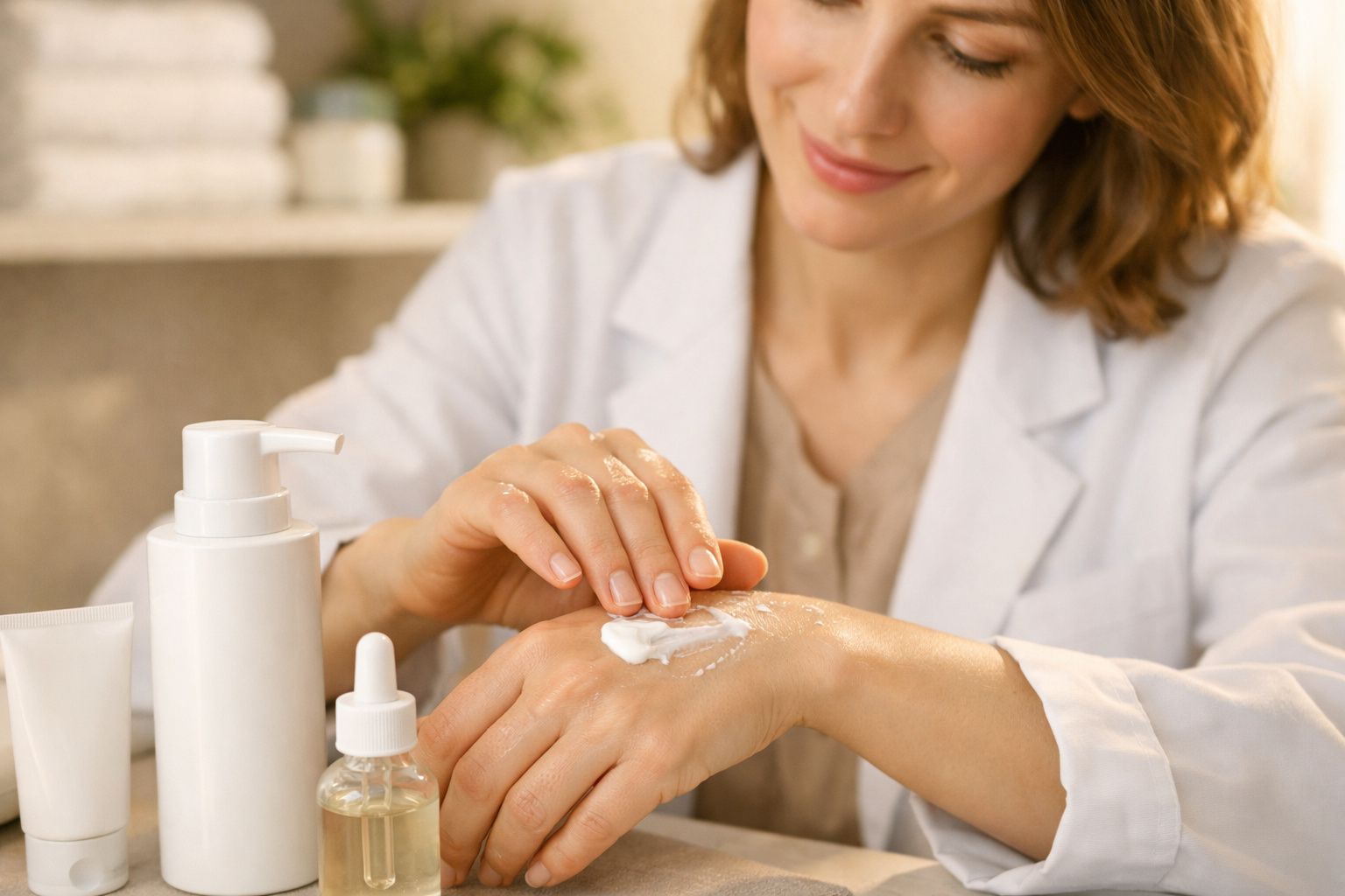 Mãos femininas pressionam frasco de creme sobre mesa de madeira, com produtos de cuidados de pele ao fundo.