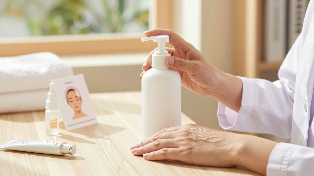 Mãos de pessoa com gel aplicando produto de beleza de frasco branco sobre mesa de madeira, com produtos de cuidado facial ao 