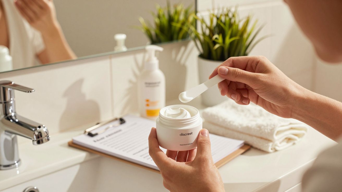Mãos seguram um pote de creme na casa de banho, com toalha branca e planta ao fundo.