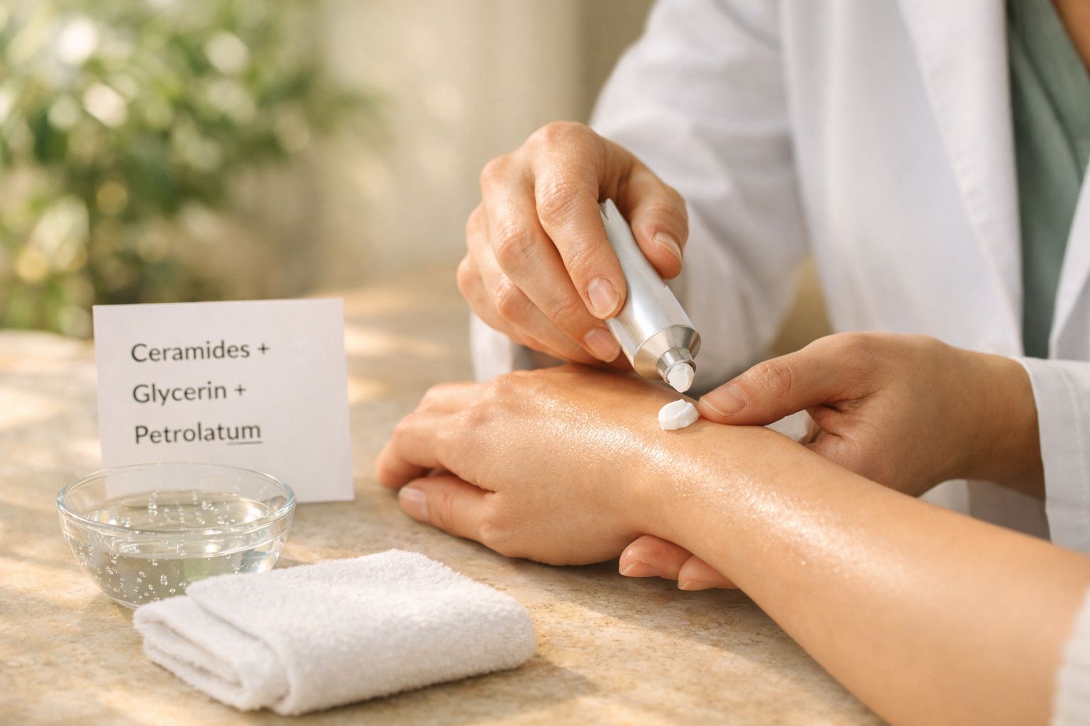 Pessoa aplicando creme nas mãos em consultório, com frasco de creme na mesa ao lado.