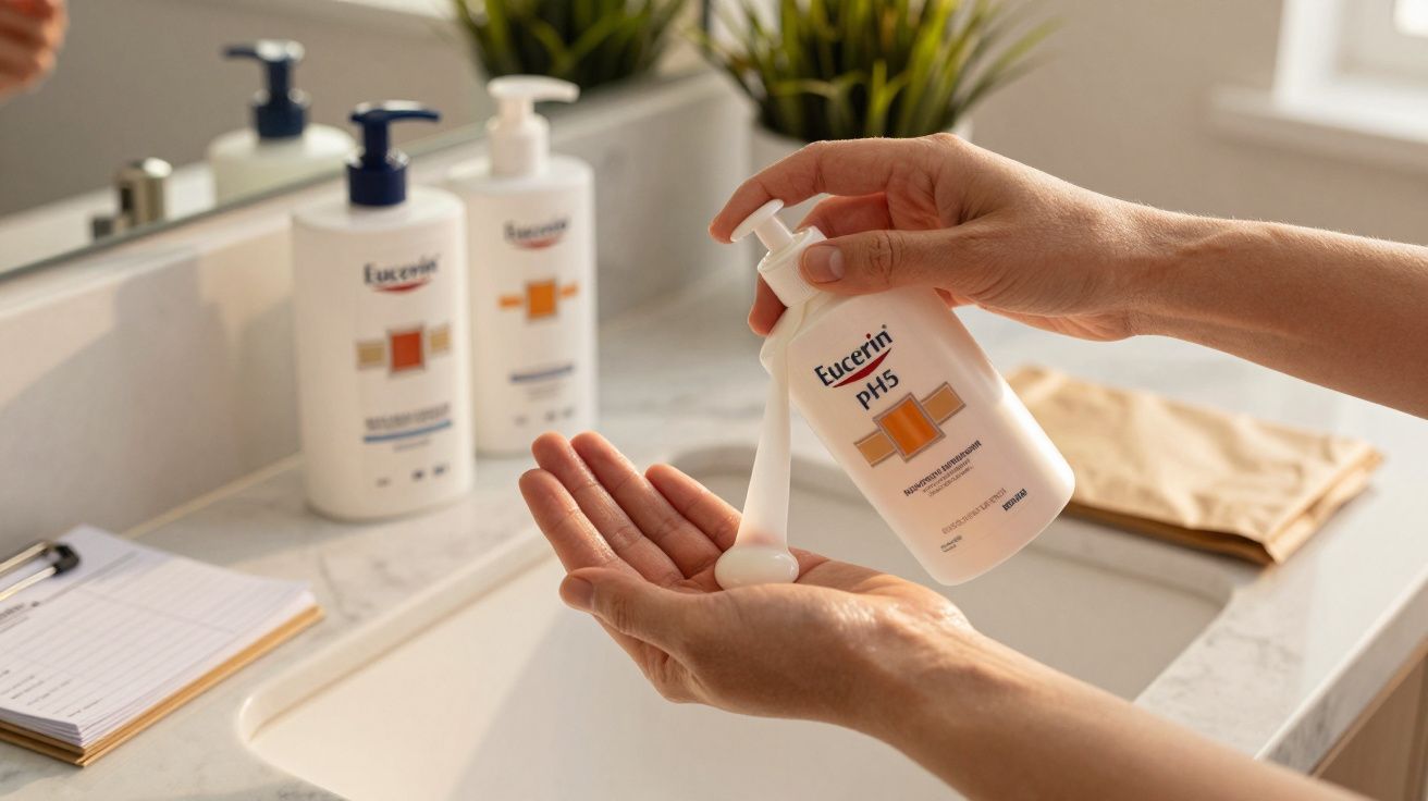 Mãos aplicando loção hidratante Eucerin PH5 junto a um lavatório com produtos similares ao fundo.