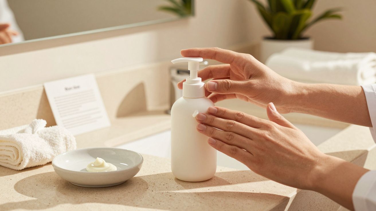 Mãos a pressionar dispensador de sabão líquido em casa de banho moderna com toalha e creme sobre o lavatório.