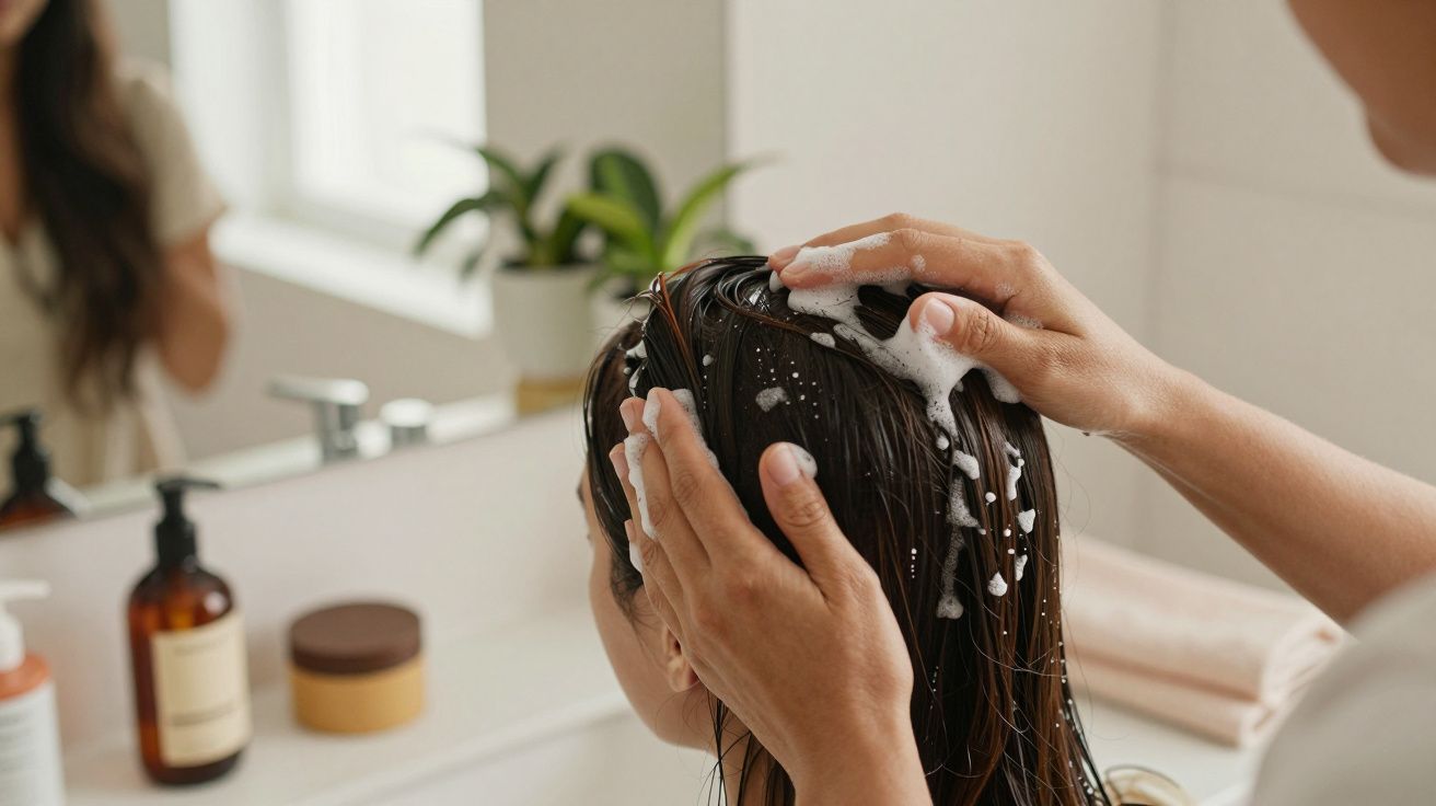 Pessoa a lavar o cabelo com champô, criando espuma, numa casa de banho com produtos e planta ao fundo.