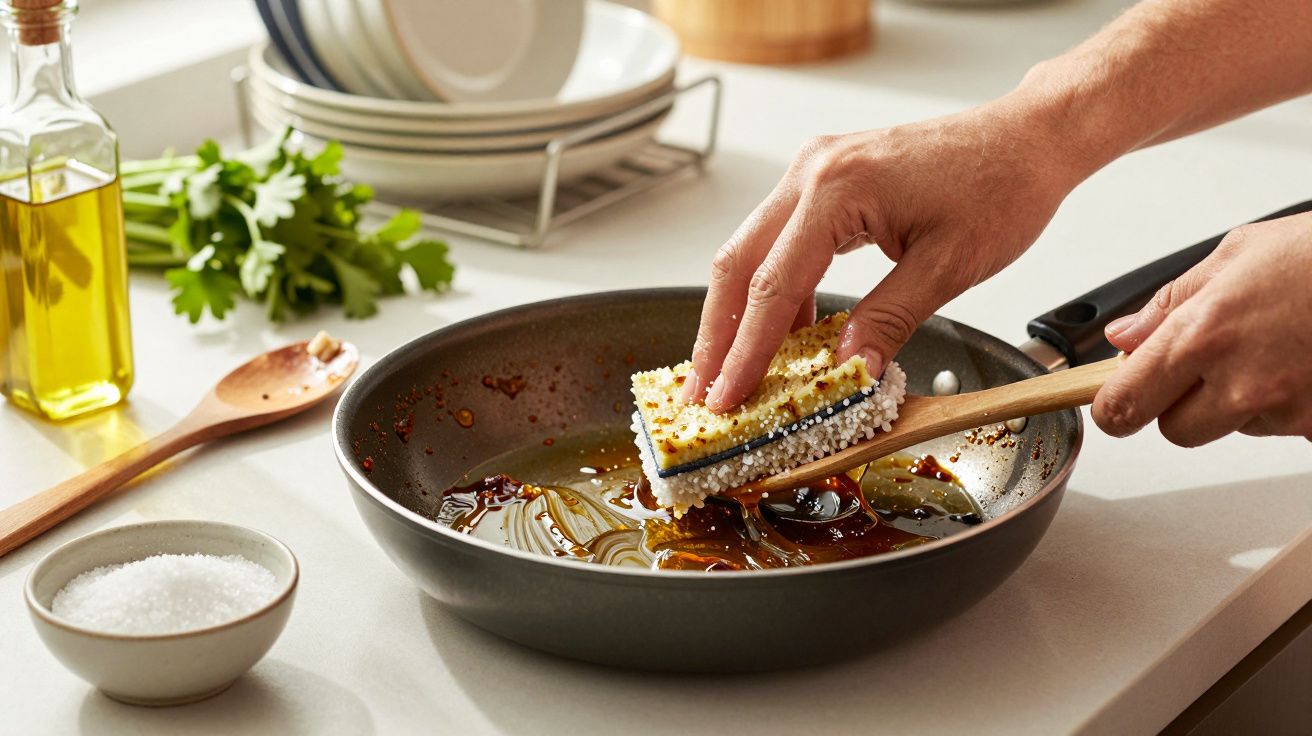 Mão limpa uma frigideira com esponja sobre balcão de cozinha; azeite e salsa ao fundo.