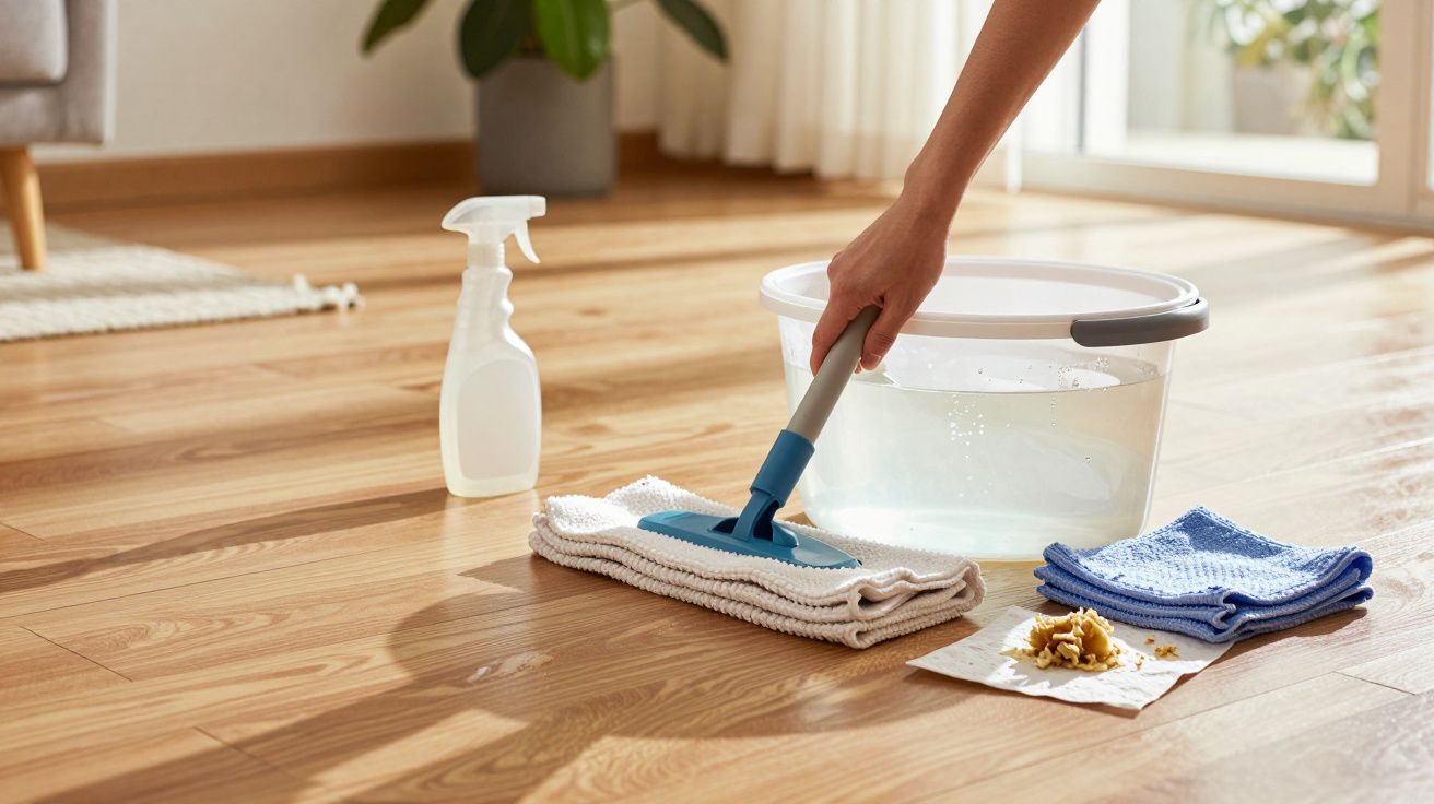 Mão limpando chão de madeira com esfregona; balde com água, toalhas e borrifador ao lado.