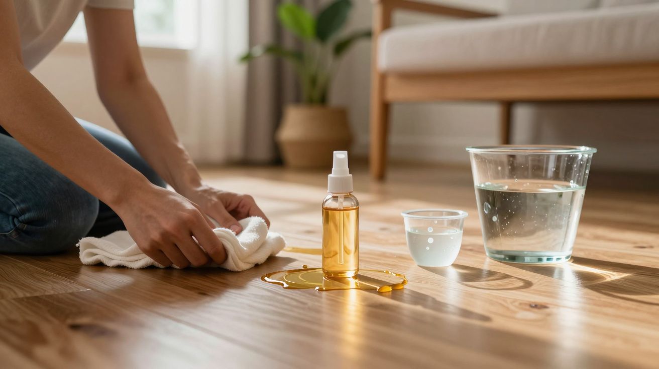 Mãos limpam líquido derramado no chão de madeira com pano branco, ao lado de frascos de spray e água.