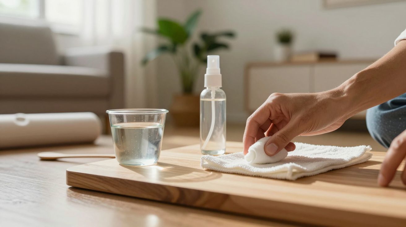Mão limpando uma superfície de madeira com pano e produto spray em ambiente doméstico iluminado.