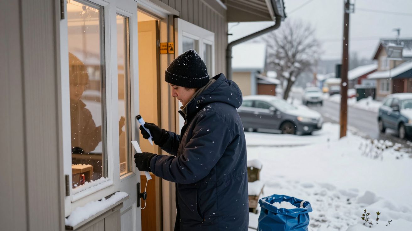 Homem com casaco e gorro a escrever na frente de uma casa com neve a cair.