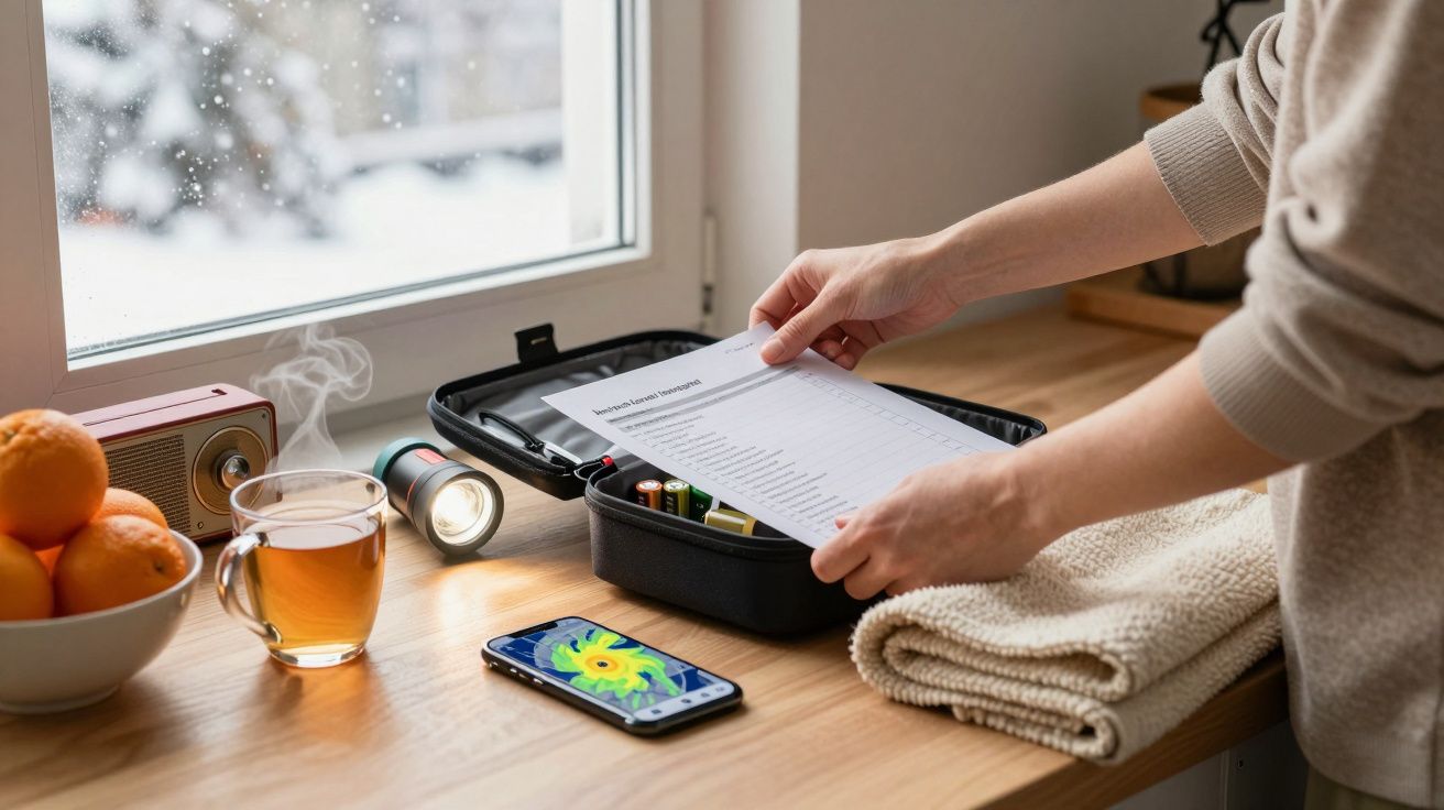 Pessoa organiza caixa de emergência com lanterna e lista, junto a chá e telemóvel, ao lado de janela.