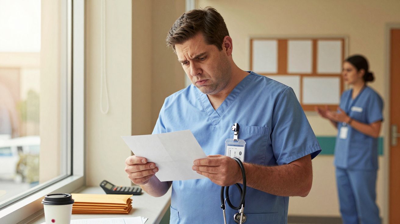 Profissional de saúde em uniforme azul lê documento junto a janela, enquanto outra pessoa está desfocada ao fundo.