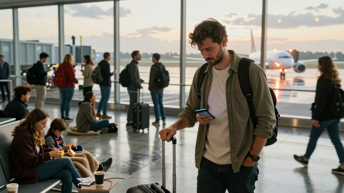 Homem com mala olha para o telemóvel em aeroporto, pessoas ao fundo e avião na pista ao entardecer.