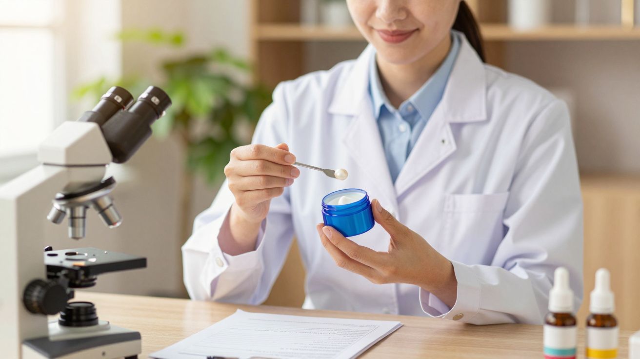 Cientista em laboratório segurando frasco azul e colher, com microscópio e frascos ao fundo.
