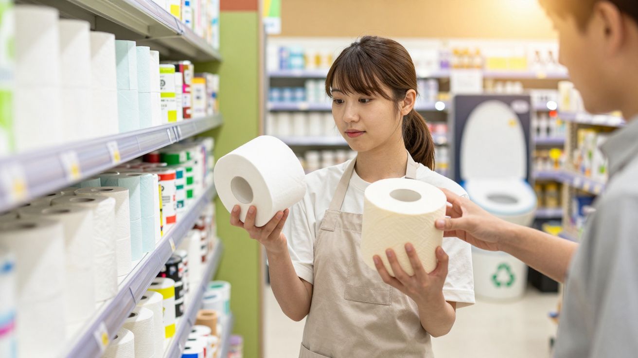 Mulher segurando dois rolos de papel higiénico, olhando para eles atentamente numa prateleira de supermercado.