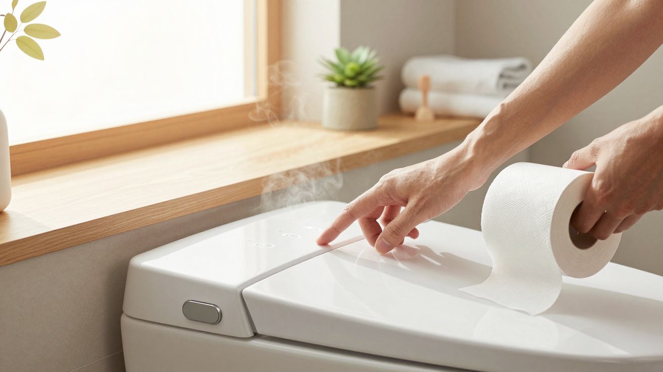 Pessoa usando papel higiénico e botão num vaso sanitário moderno com bidé.