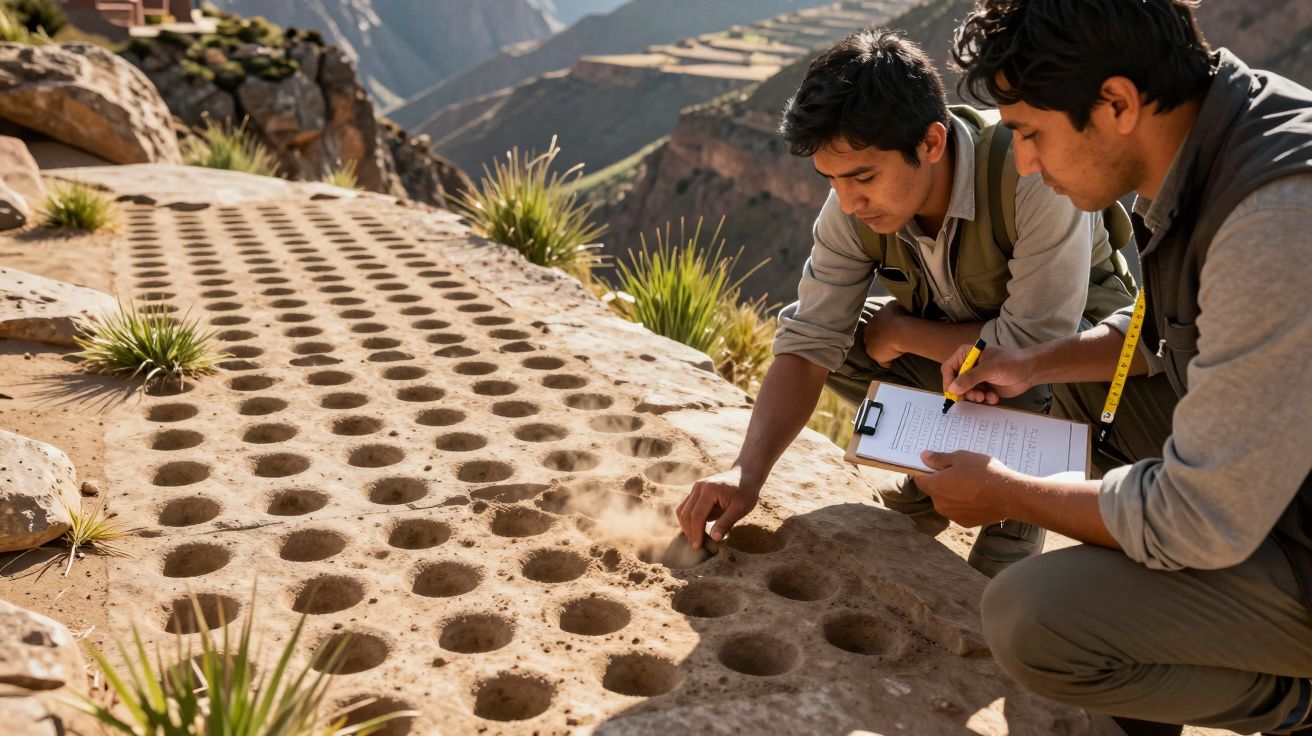 Dois homens analisam buracos em solo rochoso num cenário montanhoso, um faz anotações num bloco.